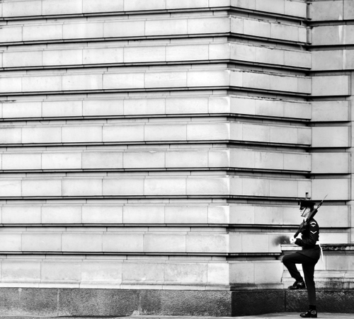 Immagine con soldato, fucile, bianconero, guardia, militare, marcia, muro, palazzo, bianco