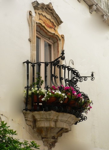 Immagine con balcone, fiori, ringhiera, ferro, finestra, vasi