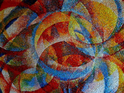 Immagine con astratto, multicolore, cerchi, rosso, colori, mosaico, geometrie, giallo, azzurro, curve, dipinto