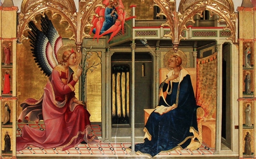 Immagine con dipinto, angelo, ali, annunciazione, madonna, angeli, santi, colori, affresco