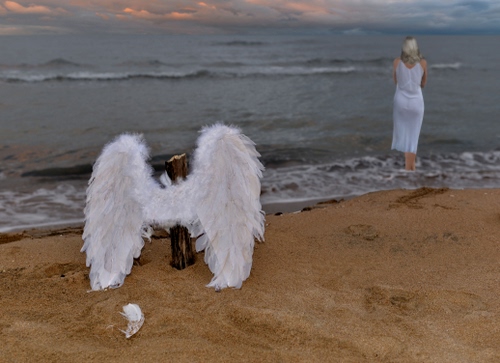 Immagine con mare, ali, sabbia, donna, spiaggia, bianco, angelo, onde, piume, nuvole, acqua, modella