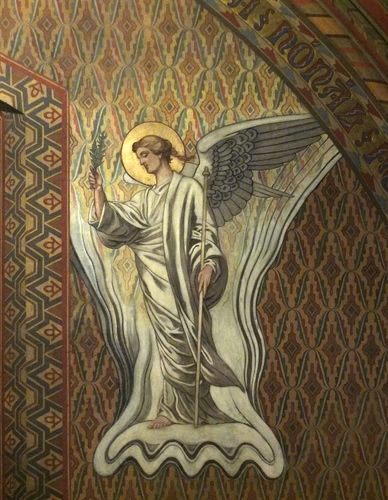 Immagine con angelo, ali, aureola, affresco, dipinto, oro, bastone, ulivo, disegno, ramoscello