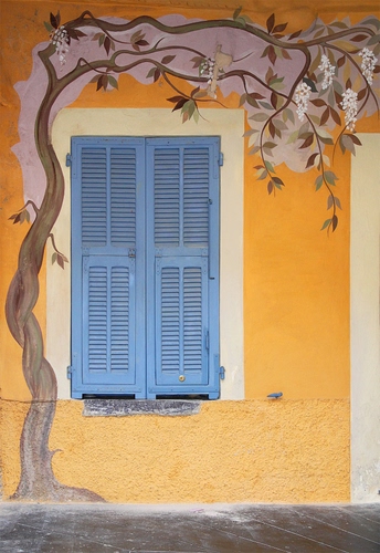 Immagine con finestra, albero, murales, glicine, giallo, persiane, dipinto, parete, imposte, arancio