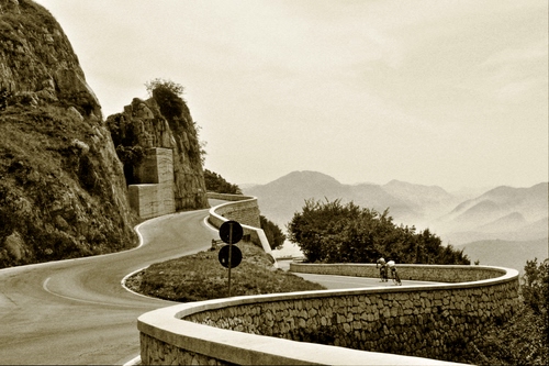 Immagine con curve, strada, ciclisti, montagna, montagne, rocce, seppia, due, alberi, bianconero