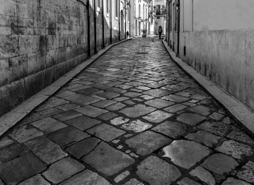 Immagine con vicolo, strada, bianconero, muri, prospettiva, passante, lastricato, selciato, abitazioni