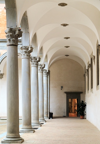 Immagine con colonne, porta, portico, archi, capitelli, finestre, corridoio, prospettiva, pianta, porticato, luce