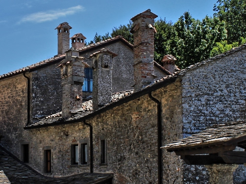 Immagine con finestre, comignoli, alberi, tetti, cielo, case, tegole, pietre, camini, casa, pietra