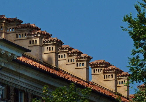 Immagine con tetto, comignoli, cielo, camini, tegole, foglie, verde, fila, tetti, albero, rami, prospettiva