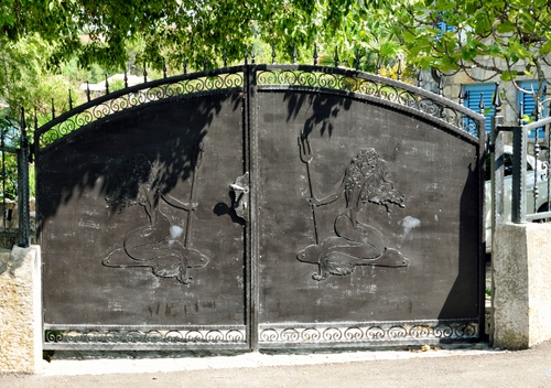 Immagine con cancello, ferro, sirene, verde, metallo, piante