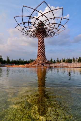 Immagine con albero, acqua, cielo, riflesso, nuvole, expo, alberi, verde, milano, fontana, vita, azzurro, riflessi, scultura