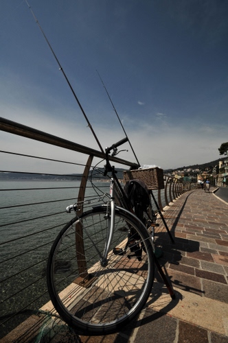 Immagine con bicicletta, canne, mare, ringhiera, lungomare, ruota, pesca, cesto, acqua, cestino, marciapiede