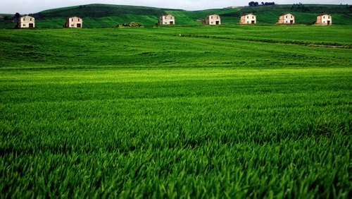 Immagine con verde, case, erba, sette, campo, prato, panorama, casette, colline, campagna