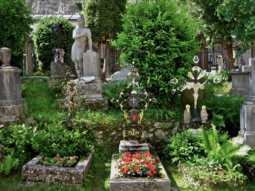 Immagine con cimitero, fiori, tombe, alberi, verde, statue, croci, piante, statua, erba, tomba, pietre, albero, camposanto, santi, crocifissi, scultura, croce