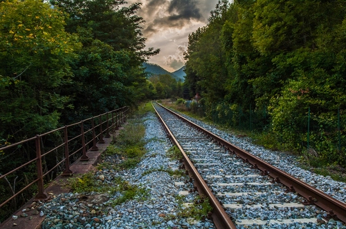 Immagine con alberi, rotaie, ferrovia, binari, binario, sassi, nuvole, verde, prospettiva