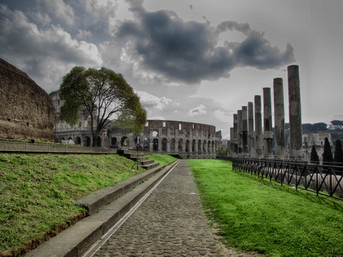 Immagine con colonne, nuvole, colosseo, erba, albero, anfiteatro, prato, verde, roma, cielo, rovine, ruderi, recinzione, strada, archi, alberi, grigio, scalini, ringhiera, scalinata