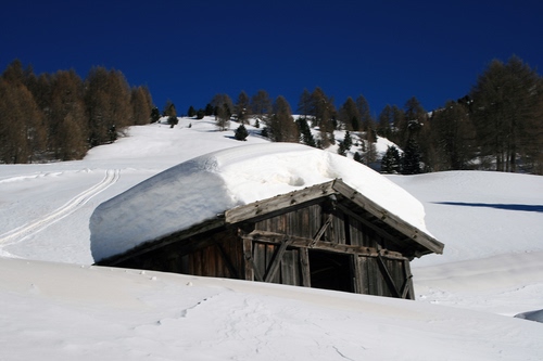 Immagine con alberi, neve, legno, bianco, inverno, baita, cielo, montagna, tetto, porta, blu, casa, verde, fienile, azzurro, cascina