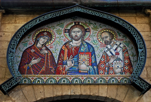 Immagine con mosaico, tre, santi, cristo, colori, mani, madonna, chiesa
