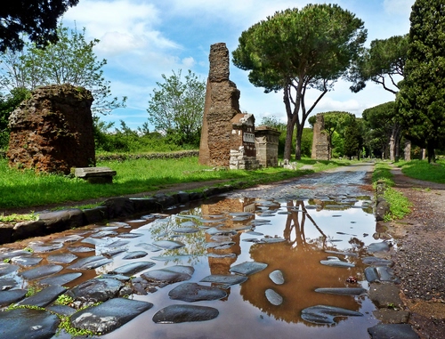 Immagine con strada, alberi, ruderi, acqua, riflessi, pozzanghera, pozzanghere, riflesso, appia, rovine