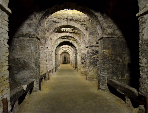 Immagine con archi, prospettiva, panchine, colonne, corridoio, antico, sotterranei, galleria, interno