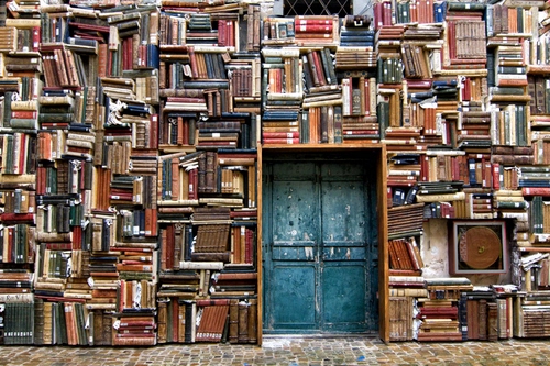 Immagine con porta, libri, libreria, biblioteca, verde, disordine, parete, azzurro
