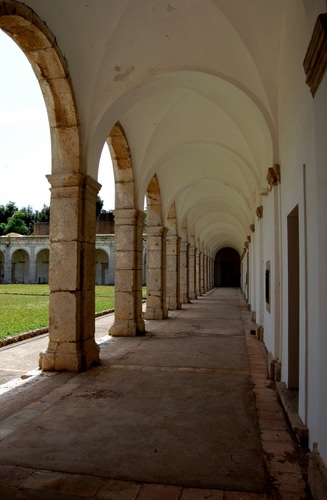 Immagine con portico, archi, prato, colonne, pilastri, chiostro, erba, verde, porticato, prospettiva, alberi, porta, volte