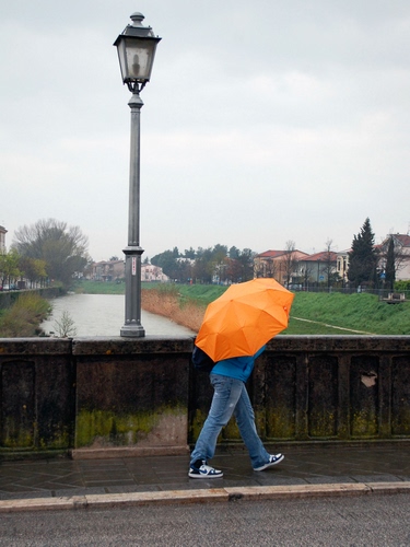 Immagine con lampione, ombrello, fiume, ponte, arancione, pioggia, arancio, canale