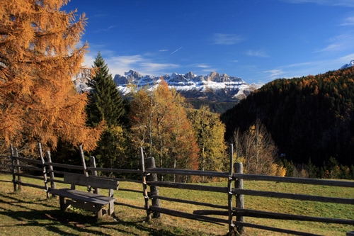 Immagine con alberi, panchina, staccionata, neve, verde, montagne, legno, montagna, nuvole, cielo, autunno, panorama, prato, bianco, recinzione, natura, giallo, steccato, vette