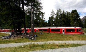 treno, rosso, biciclette, alberi, vagoni, prato, strada