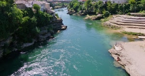 fiume, alberi, acqua, verde, case, rocce, ponte