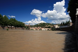 fiume, ponte, acqua, nuvole, archi, panorama, cielo, verde, alberi