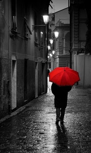 ombrello, rosso, pioggia, vicolo, lampioni, passante, strada