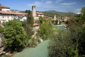 fiume, alberi, panorama, paese, torre, paesaggio, campanile, acqua, chiesa, case