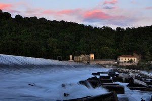 acqua, cascata, fiume, alberi, paesaggio, cielo, nuvole, rocce, tramonto, case, diga