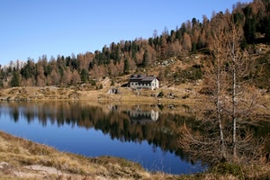 lago, casa, alberi, riflesso, acqua, bosco, riflessi, cielo, montagna, baita, montagne, panorama