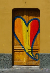 porta, cuore, giallo, rosso, legno, blu, murales, colori, dipinto