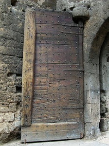 legno, porta, chiodi, arco, portone, antico, muro, pietre, pietra