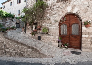 porta, fiori, vicolo, strada, portone, borgo, arco, scorcio, vasi, piante