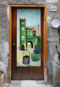 porta, orologio, numero, legno, dipinto, murales, verde, quadro, pozzo, civico
