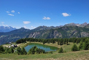 lago, montagna, alberi, montagne, cielo, laghetto, nuvole, panorama, pini