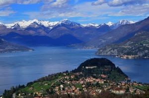 montagne, lago, nuvole, neve, panorama, cielo, acqua, paese, case