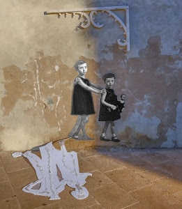 muro, bambine, sagome, bambola, due, murales, nero, pavimento, luminaria, bianco, murale