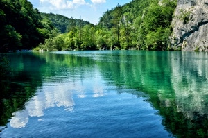 alberi, lago, acqua, montagna, verde, riflesso, roccia, riflessi, fiume, nuvole, cielo