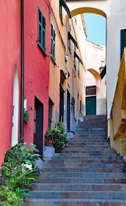 piante, finestre, scalinata, porte, rosso, case, scalini, arco, scala, gradini, vicolo, vasi, cielo, scale, verde, colori, archi