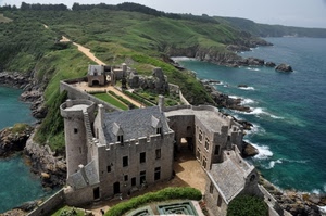 castello, torre, mare, scogli, verde, panorama, acqua, paesaggio
