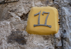 giallo, muro, numero, civico, diciassette, pietre, numeri, grigio
