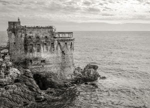 mare, castello, bianconero, scogli, acqua, rocca, nuvole, roccia, scogliera