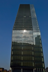 grattacielo, finestre, riflesso, sole, vetri, azzurro, vetro, cielo, riflessi