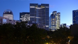 grattacieli, luci, alberi, sera, cielo, finestre, palazzi, verde, azzurro, città