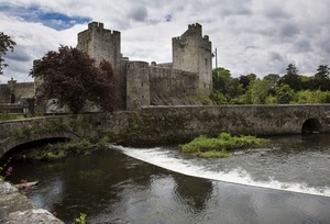 castello, fiume, ponte, acqua, alberi, torri, nuvole