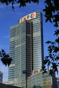 grattacielo, expo, milano, vetri, foglie, finestre, insegna, cielo, vetro